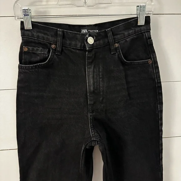 ZARA 2 Black high rise wide leg raw hem 100% cotton woman jean boho - Picture 5 of 14